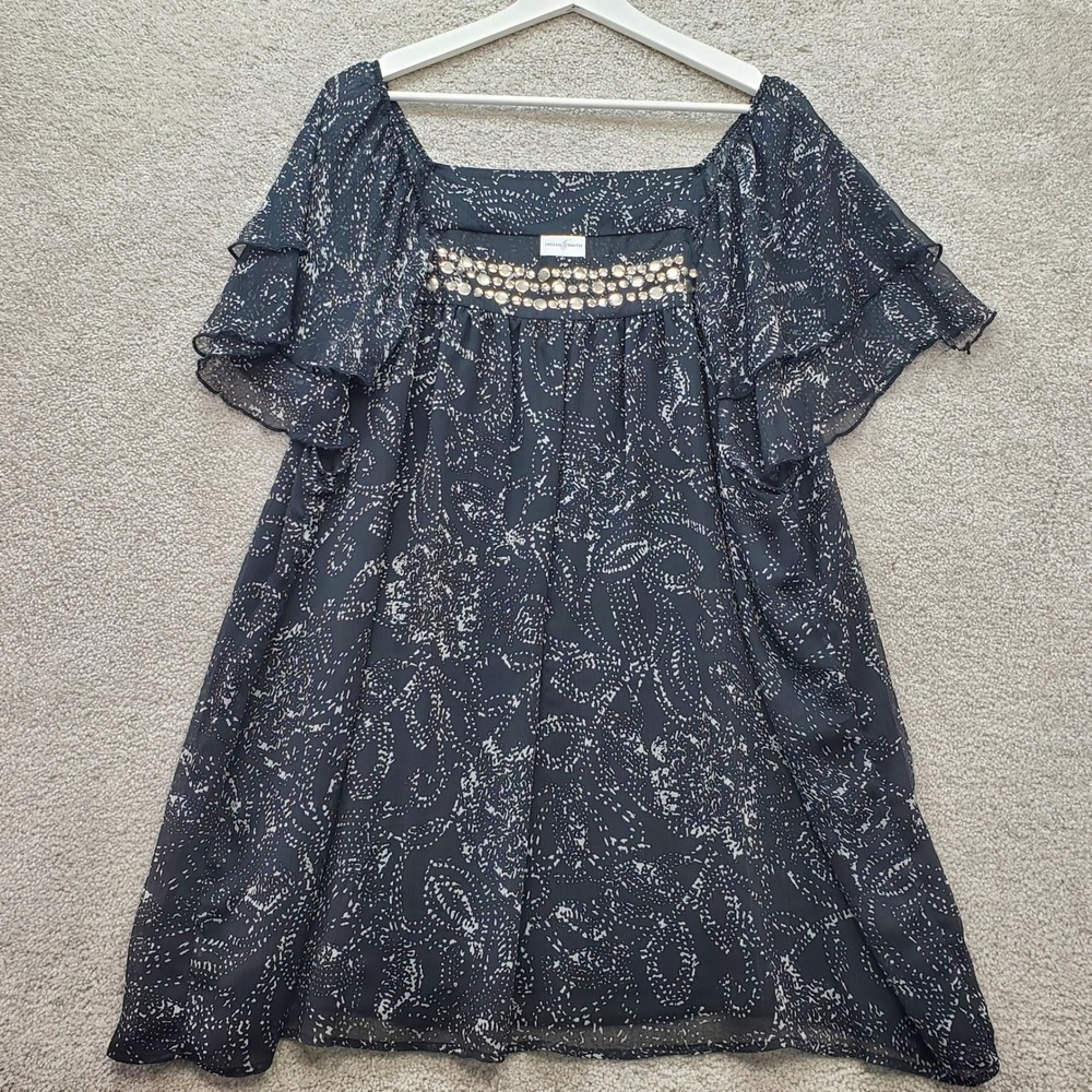 Jaclyn Smith Blouse Top 3X Black White Print Square Neck Ruffle Sleeve Beaded